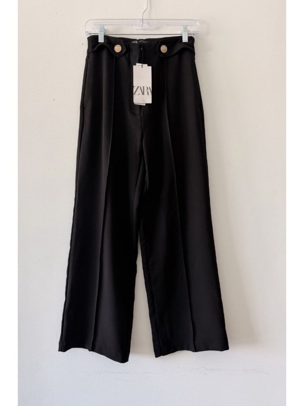 Zara Women’s High Waist Wide Leg Pleated Black Palazzo Pants Gold‎ Buttons XS